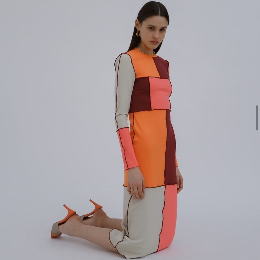 C/MEO Collective Colorblock Midi Dress in Orange, Pink, Burgundy, Cream